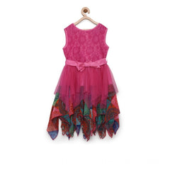 Mayawye Girl's Polyester  Net Floral Printed Sleeveless Round Neck Dress (Multicolor)