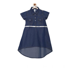Mayawye Girl's Denim Solid Short Sleeve Shirt collar Dress (Blue)