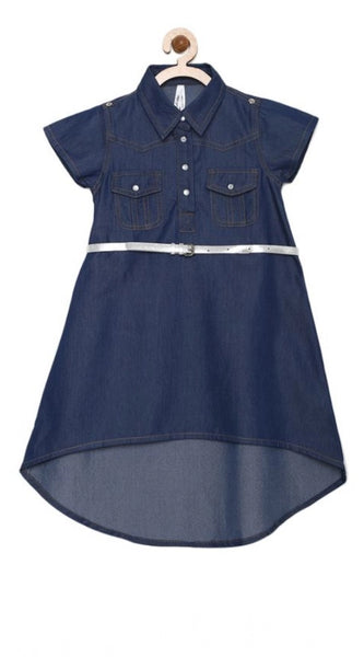Mayawye Girl's Denim Solid Short Sleeve Shirt collar Dress (Blue)