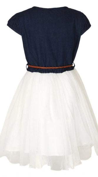 Mayawye Girl's Denim Embroidery Short Sleeve Round Neck Dress (White)