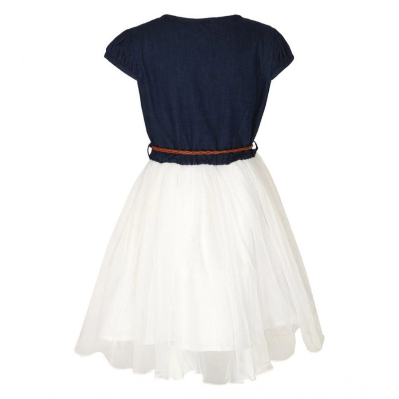 Mayawye Girl's Denim Embroidery Short Sleeve Round Neck Dress (White)
