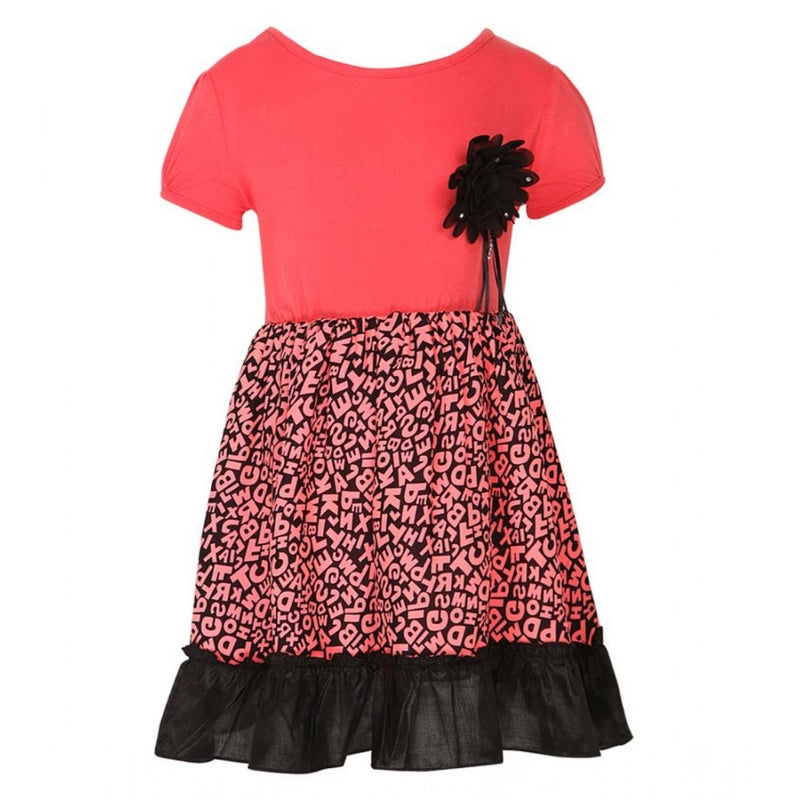 Mayawye Girl's Polyester Crepe Embellished Short Sleeve Round Neck Dress (Pink)