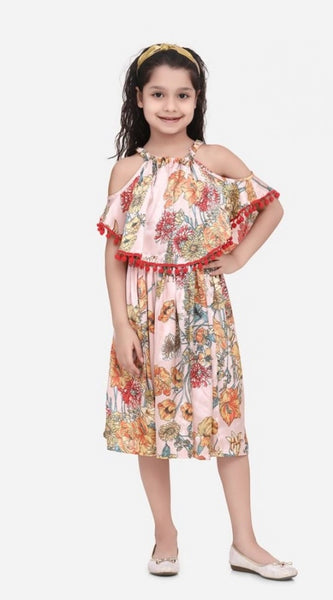 Mayawye Girl's Satin Floral Printed Cold Shoulder Round Neck Dress (Peach)