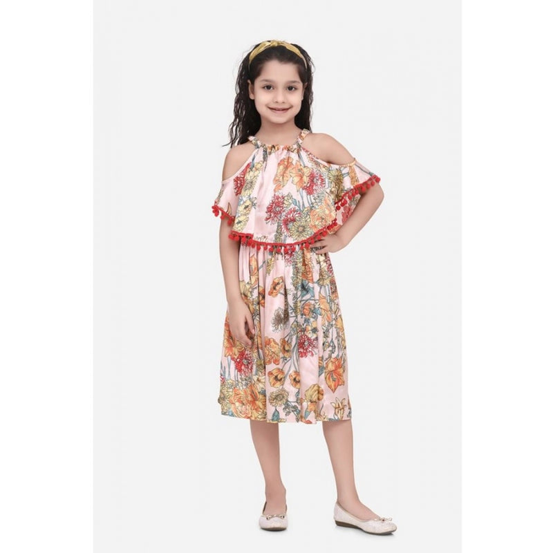 Mayawye Girl's Satin Floral Printed Cold Shoulder Round Neck Dress (Peach)