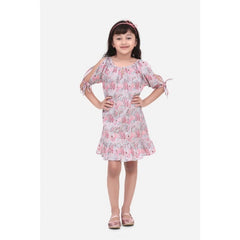 Mayawye Girl's Cotton Floral Printed Sleeveless Round Neck Dress (Pink)