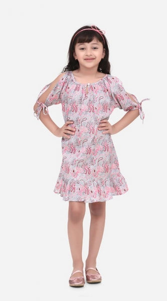 Mayawye Girl's Cotton Floral Printed Sleeveless Round Neck Dress (Pink)