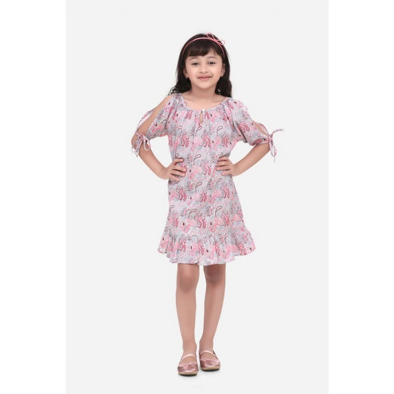 Mayawye Girl's Cotton Floral Printed Sleeveless Round Neck Dress (Pink)