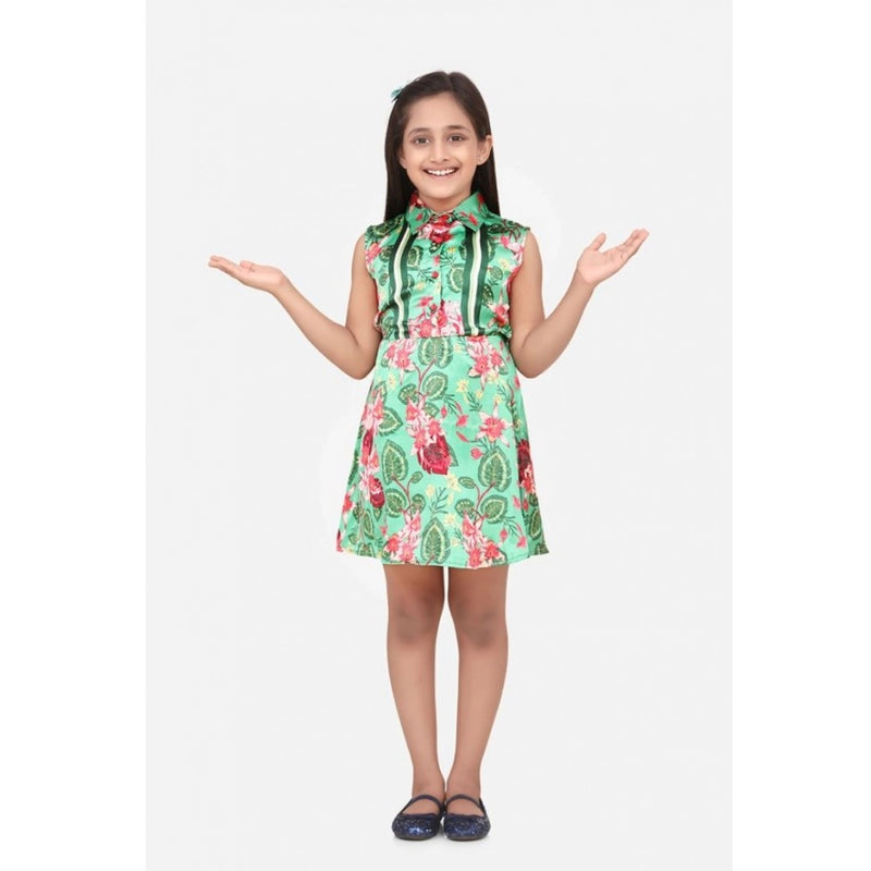 Mayawye Girl's Satin Floral Printed Sleeveless Shirt Collar Dress (Multicolor)
