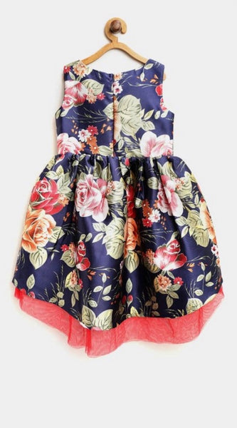 Mayawye Girl's Polyester  Net Net Inset Sleeveless Round Neck Dress (Navy Blue)