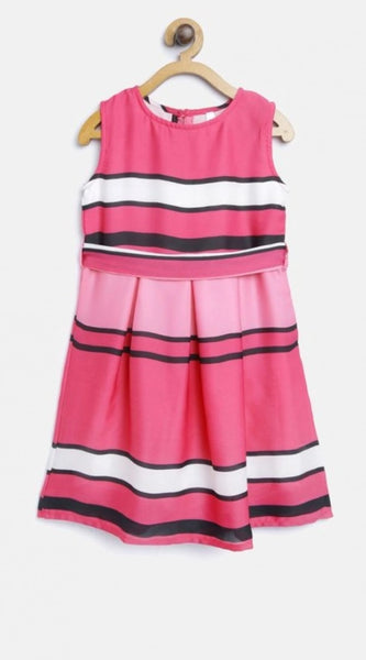 Mayawye Girl's Satin Striped Sleeveless Round Neck Dress (Pink)