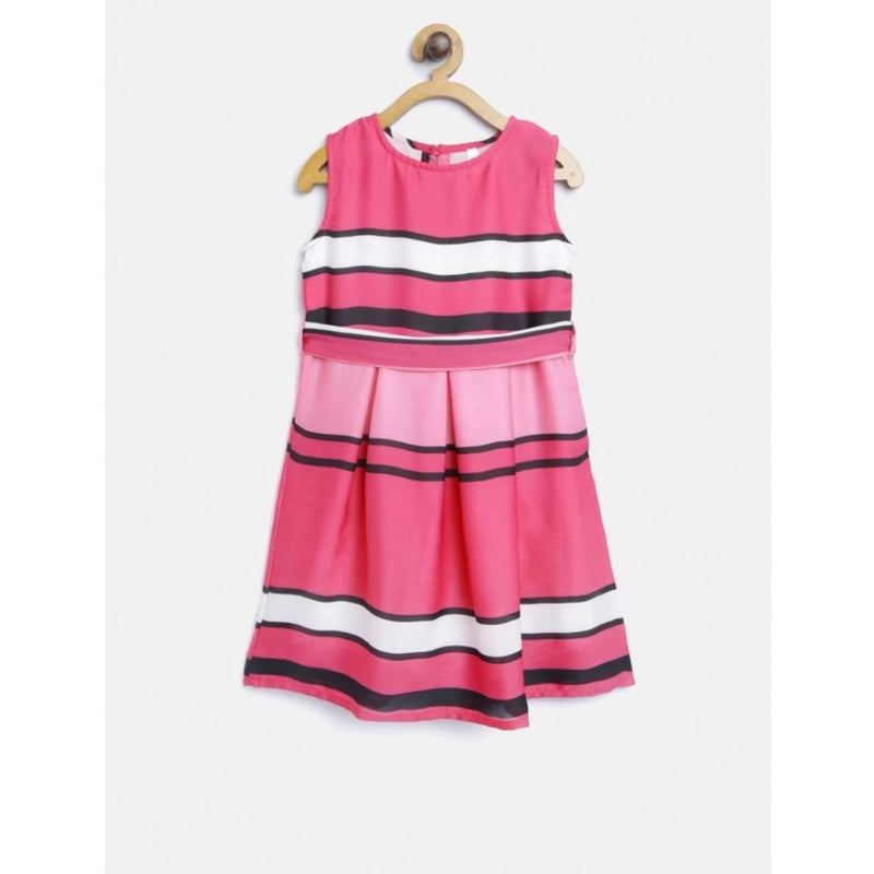 Mayawye Girl's Satin Striped Sleeveless Round Neck Dress (Pink)