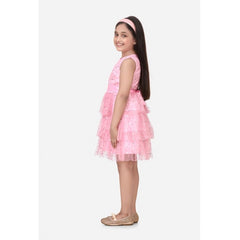 Mayawye Girl's Net Embellished Sleeveless Round Neck Dress (Pink)