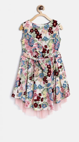 Mayawye Girl's Polyester Crepe Printed Short Sleeve Round Neck Dress (Multicolor)