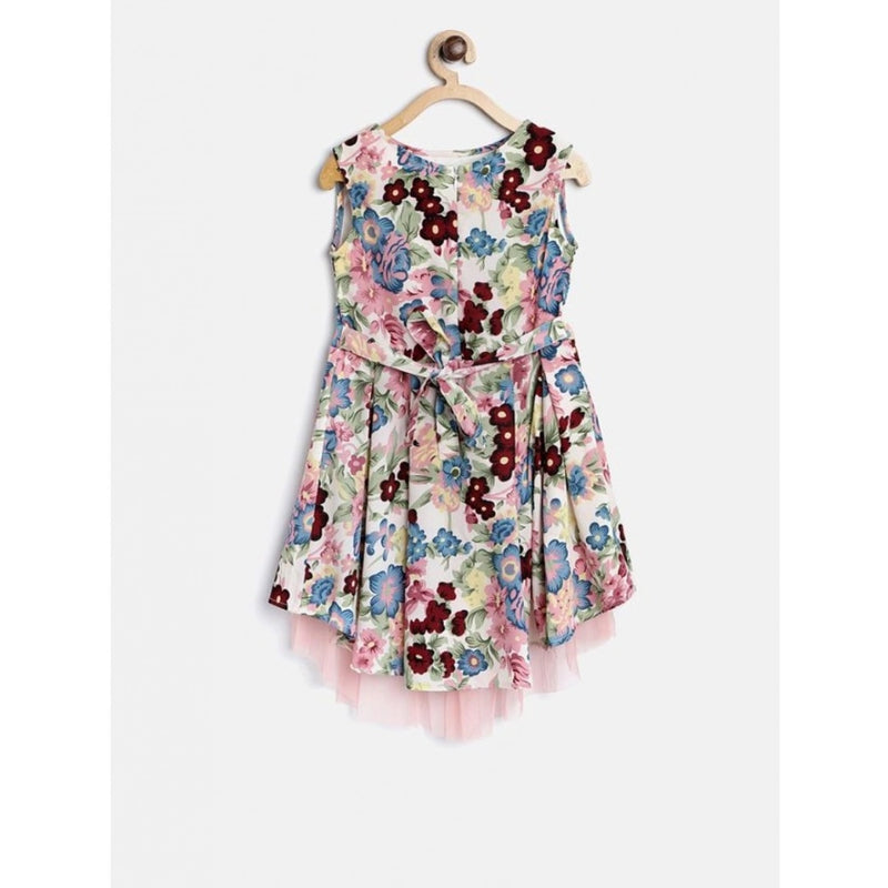 Mayawye Girl's Polyester Crepe Printed Short Sleeve Round Neck Dress (Multicolor)