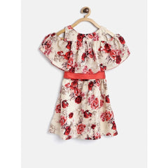 Mayawye Girl's Polyester Crepe Printed Short Sleeve Cold Shoulder Neck Dress (Cream-Red)