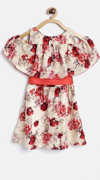 Mayawye Girl's Polyester Crepe Printed Short Sleeve Cold Shoulder Neck Dress (Cream-Red)