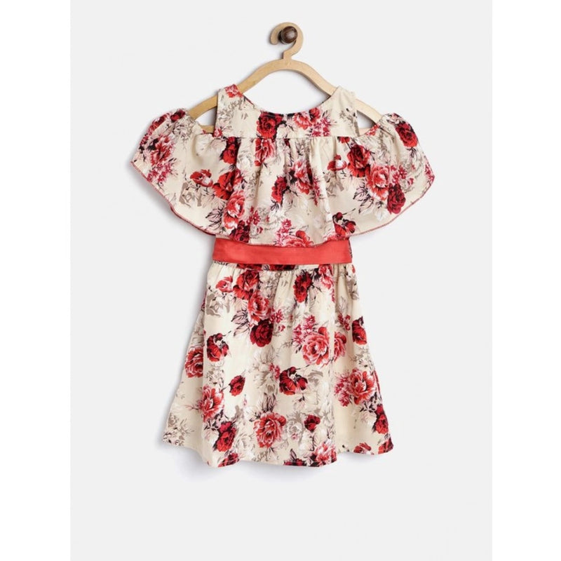 Mayawye Girl's Polyester Crepe Printed Short Sleeve Cold Shoulder Neck Dress (Cream-Red)