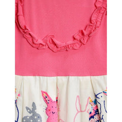 Mayawye Girl's Cotton Printed Short Sleeve Round Neck Dress (Pink-White)