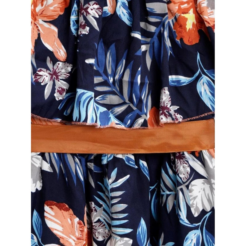 Mayawye Girl's Polyester Crepe Floral Printed Bell Sleeve Cold Shoulder Neck Dress (Multicolor)