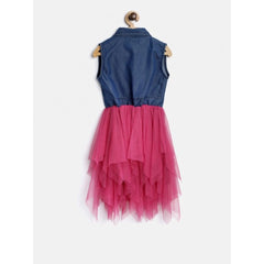 Mayawye Girl's Polyester Crepe-Net Solid Shoulder Straps Shirt collar Dress (Blue-Pink)