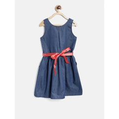 Mayawye Girl's Denim Solid Sleeveless Round Neck Dress (Blue)