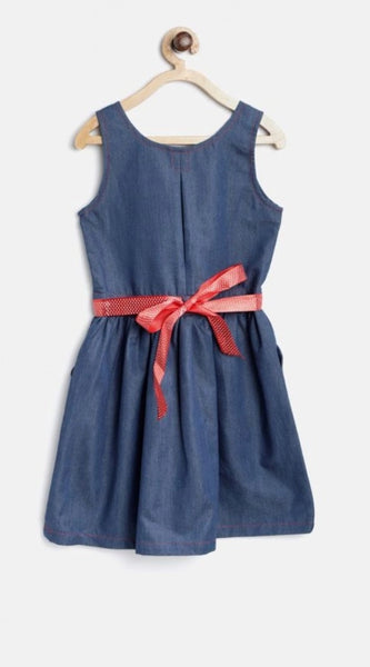 Mayawye Girl's Denim Solid Sleeveless Round Neck Dress (Blue)