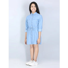 Mayawye Girl's Denim Solid Long Sleeve Shirt collar Dress (Blue)