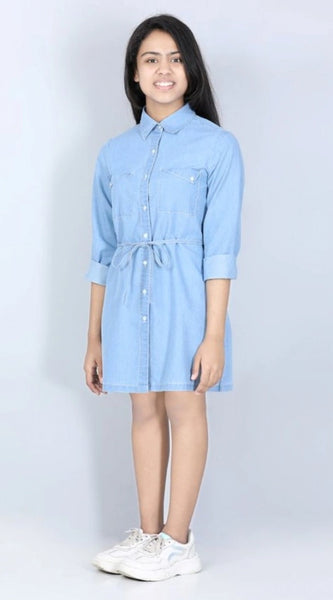 Mayawye Girl's Denim Solid Long Sleeve Shirt collar Dress (Blue)
