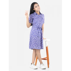 Mayawye Girl's Polyester Printed Short Sleeve Shirt collar Dress (Lavender)