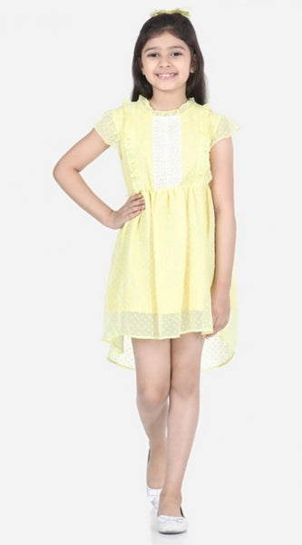 Mayawye Girl's Polyester Solid Short Sleeve Round Neck Dress (Lemon Yellow)