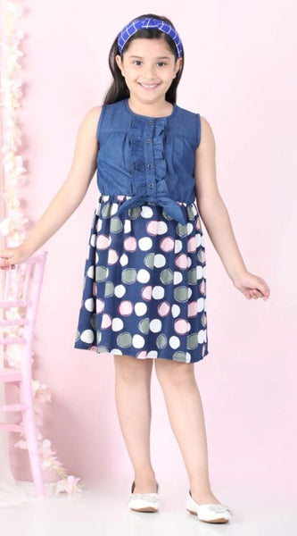 Mayawye Girl's Denim  Rayon Printed Sleeveless Round Neck Dress (Blue)