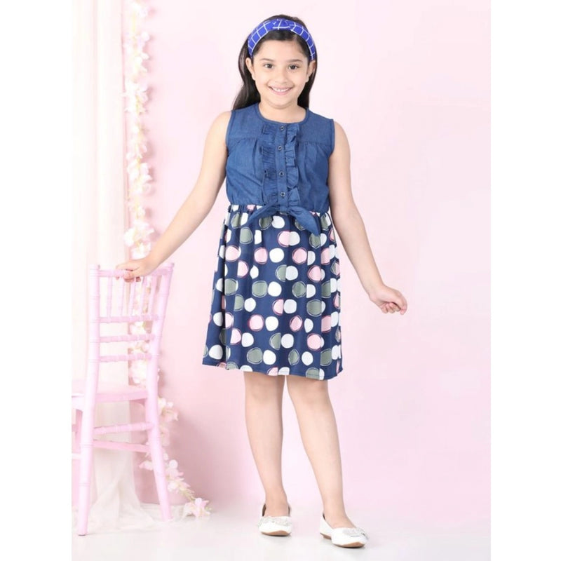 Mayawye Girl's Denim  Rayon Printed Sleeveless Round Neck Dress (Blue)