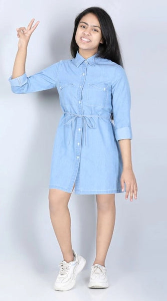 Mayawye Girl's Denim Solid Long Sleeve Shirt collar Dress (Blue)