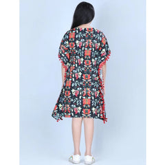 Mayawye Girl's Polyester Moss Printed Kaftan Sleeve Round Neck Dress (Multicolor)
