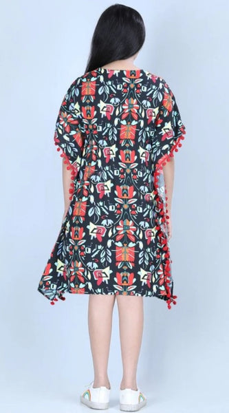 Mayawye Girl's Polyester Moss Printed Kaftan Sleeve Round Neck Dress (Multicolor)