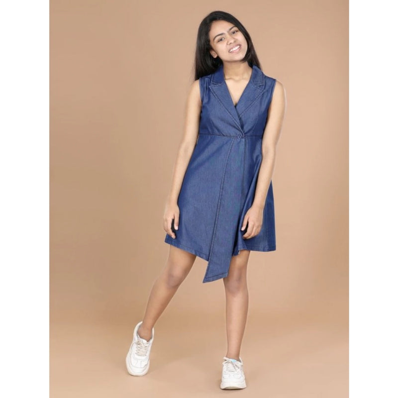 Mayawye Girl's Denim Solid Sleeveless Shirt collar Dress (Blue)