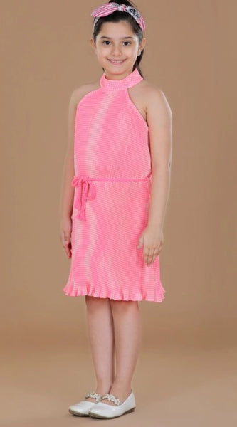 Mayawye Girl's Polyester Crepe Printed Sleeveless Round Neck Dress (Pink)