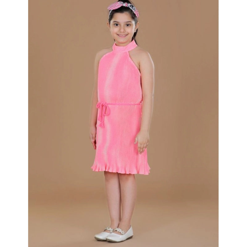 Mayawye Girl's Polyester Crepe Printed Sleeveless Round Neck Dress (Pink)