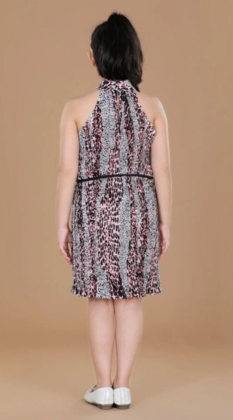 Mayawye Girl's Polyester Crepe Printed Sleeveless Round Neck Dress (Black-Pink)