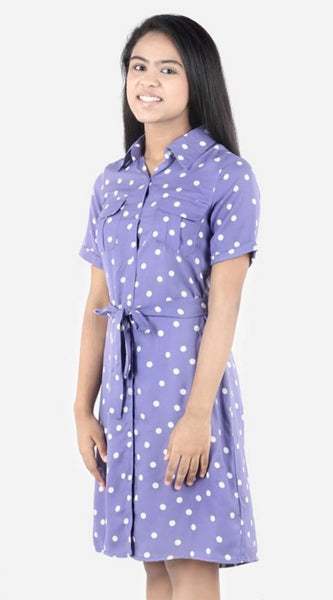 Mayawye Girl's Polyester Printed Short Sleeve Shirt collar Dress (Lavender)