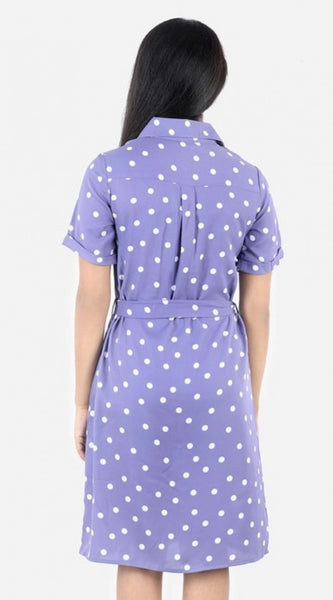 Mayawye Girl's Polyester Printed Short Sleeve Shirt collar Dress (Lavender)