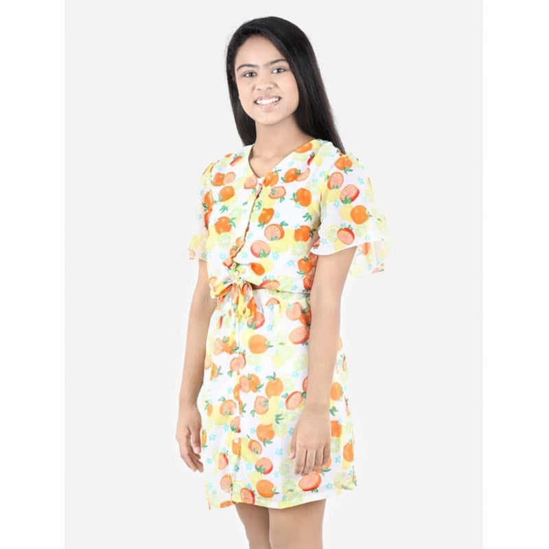 Mayawye Girl's Polyester Printed Short Sleeve V-Neck Dress (Yellow-Orange)