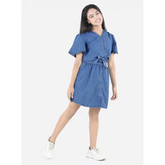 Mayawye Girl's Denim Solid Short Sleeve V-Neck Dress (Blue)