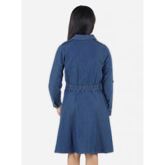 Mayawye Girl's Denim Solid Long Sleeve Shirt collar Dress (Blue)