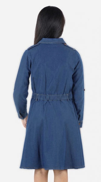 Mayawye Girl's Denim Solid Long Sleeve Shirt collar Dress (Blue)