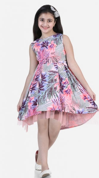 Mayawye Girl's Polyester Crepe  Net Printed Sleeveless Round Neck Dress (Pink-Blue)