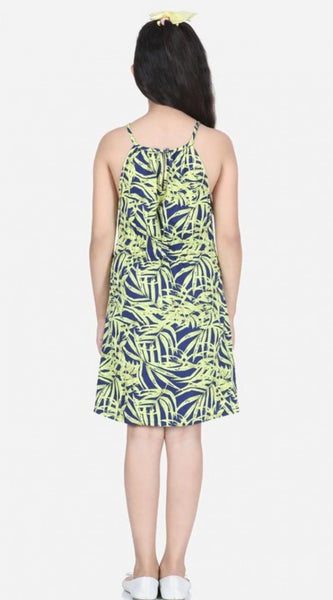 Mayawye Girl's Polyester Floral Printed Short Sleeve Round Neck Dress (Blue-Yellow)
