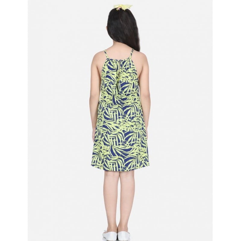 Mayawye Girl's Polyester Floral Printed Short Sleeve Round Neck Dress (Blue-Yellow)