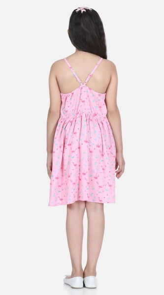 Mayawye Girl's Rayon Printed Sleeveless Round Neck Dress (Pink)