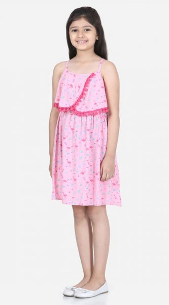 Mayawye Girl's Rayon Printed Sleeveless Round Neck Dress (Pink)